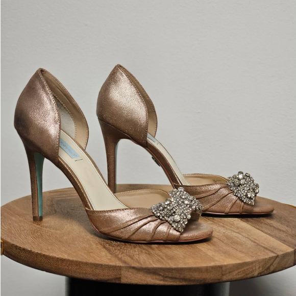 Betsy Johnson Bronze Jeweled Prom Rhinestone Open Toe Wedding Heels Size 10 - Picture 2 of 6